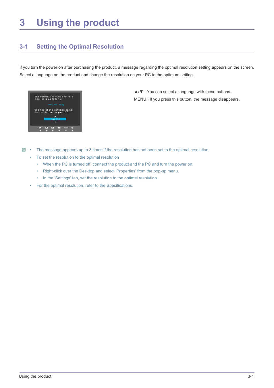 3 using the product, 1 setting the optimal resolution, Using the product | Setting the optimal resolution -1, 3using the product | Samsung LS23B370HS-ZM User Manual | Page 20 / 83