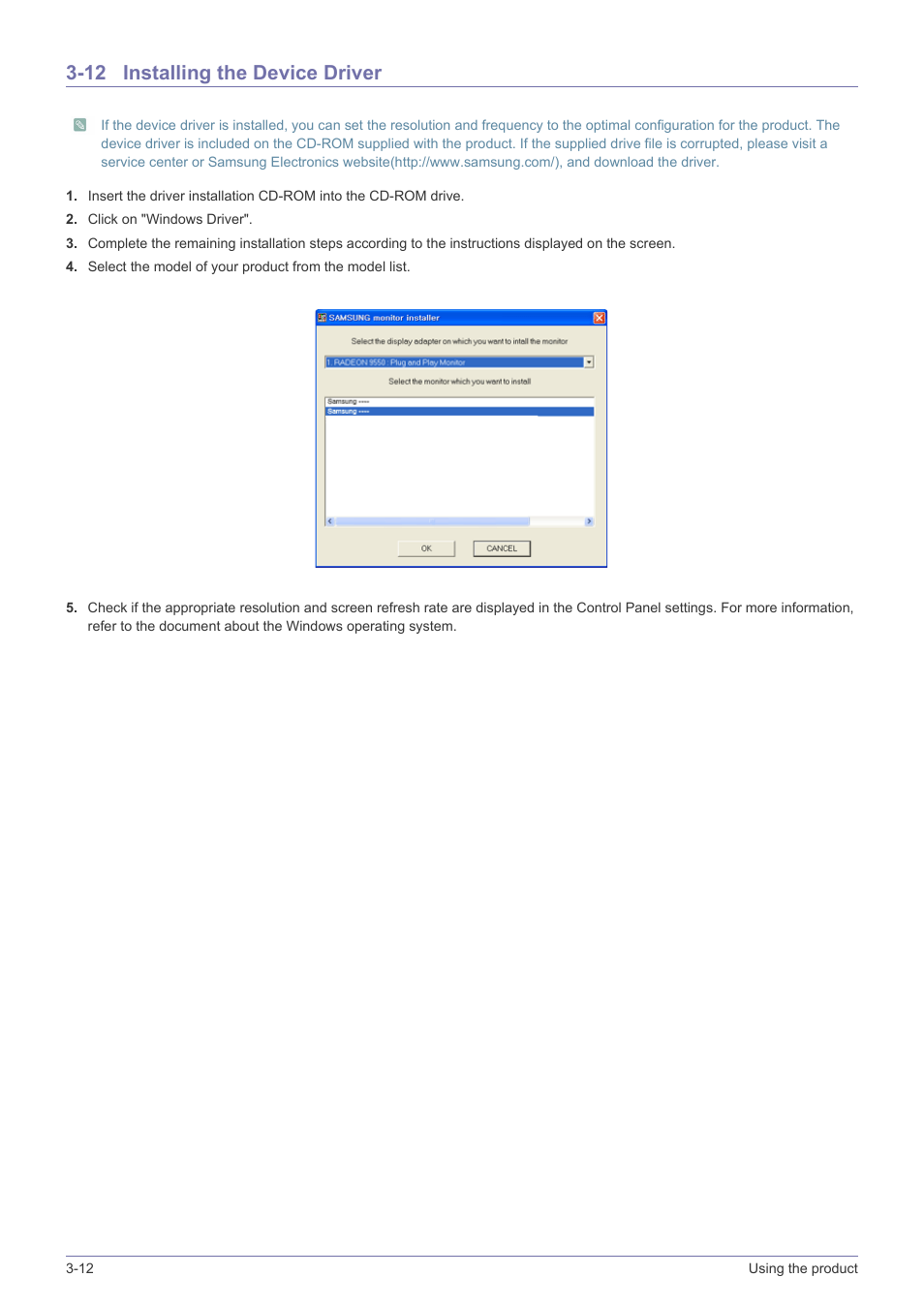 12 installing the device driver, Installing the device driver -12 | Samsung LS23B370HS-ZM User Manual | Page 37 / 83