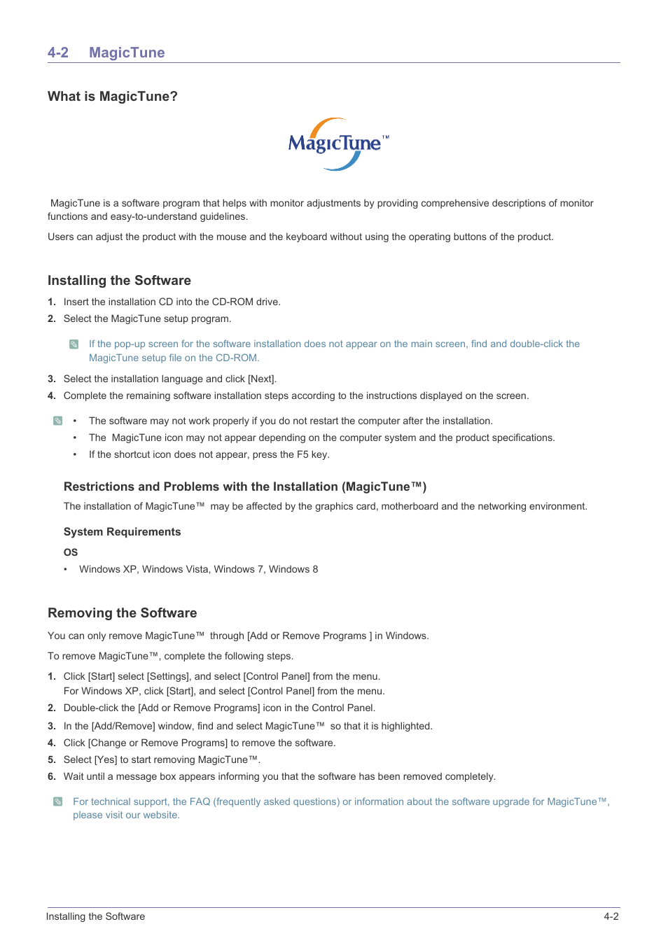 2 magictune, Magictune -2, What is magictune | Installing the software, Removing the software | Samsung LS23B370HS-ZM User Manual | Page 50 / 83