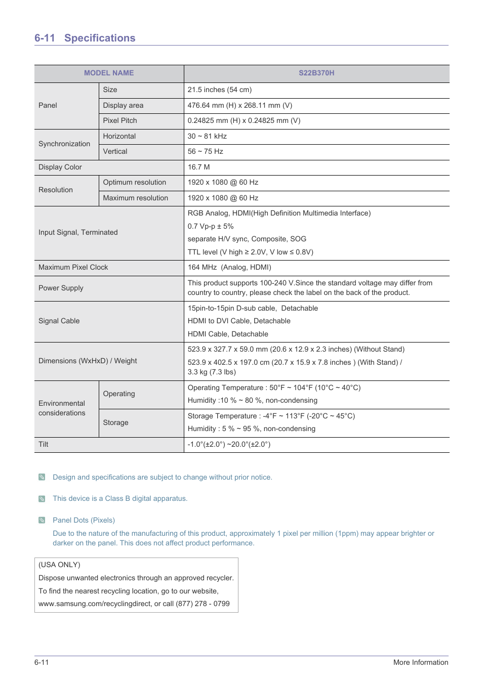 11 specifications, Specifications -11 | Samsung LS23B370HS-ZM User Manual | Page 67 / 83