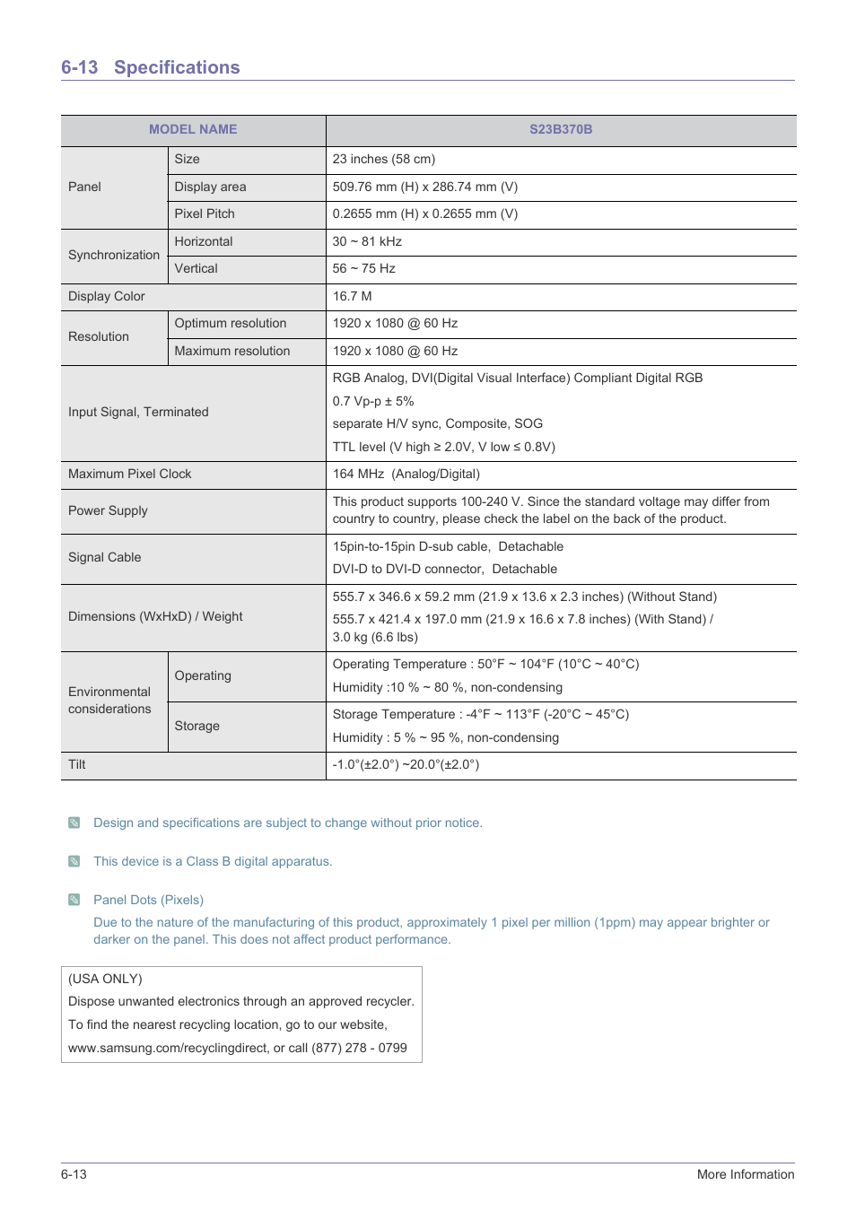 13 specifications, Specifications -13 | Samsung LS23B370HS-ZM User Manual | Page 69 / 83