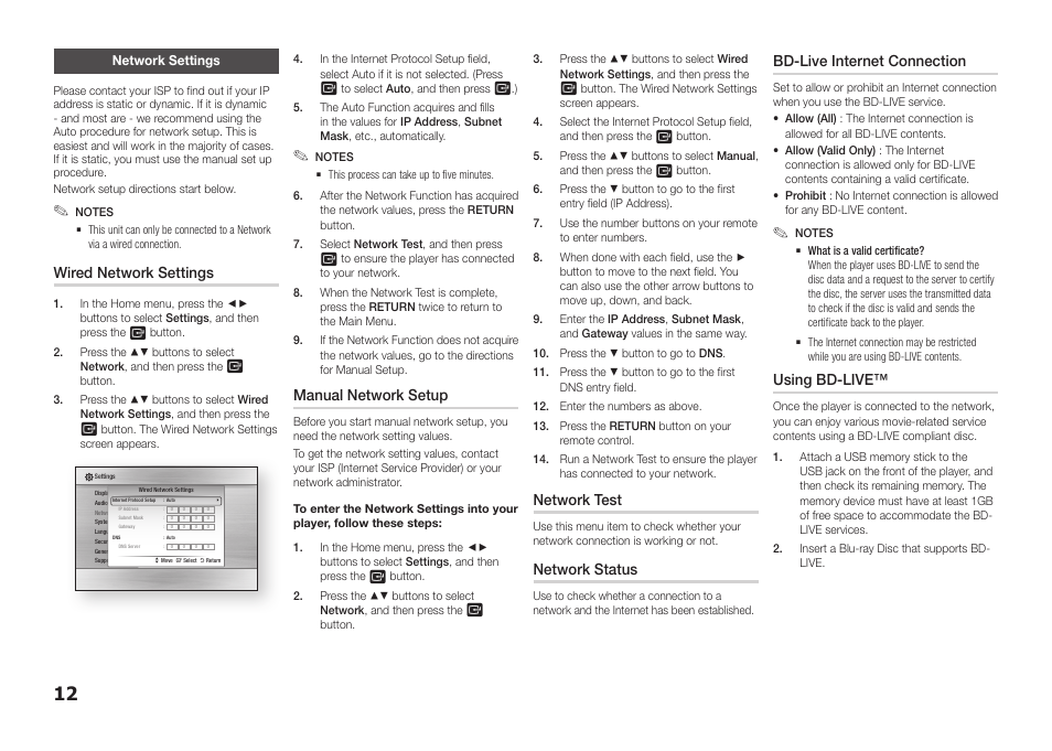 Network settings, Wired network settings, Manual network setup | Network test, Network status, Bd-live internet connection, Using bd-live | Samsung BD-FM51-ZA User Manual | Page 12 / 23