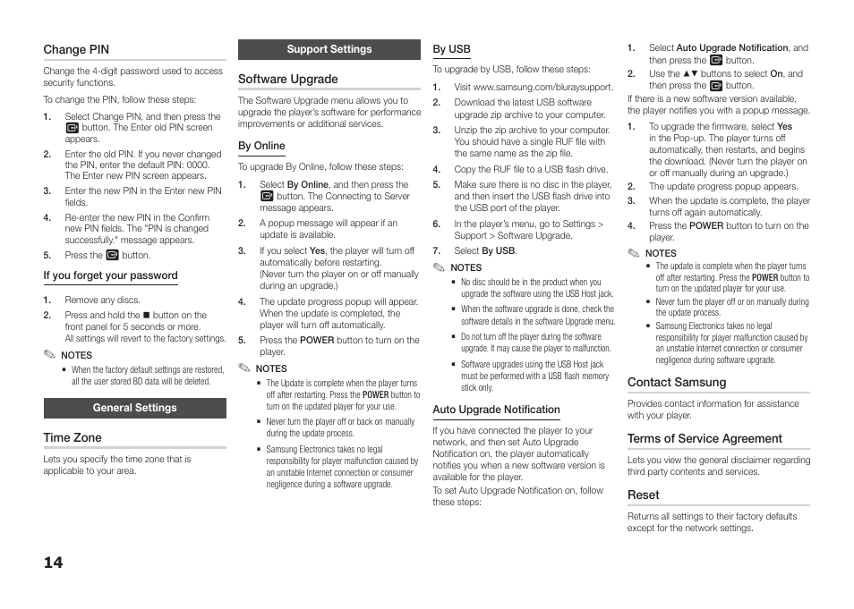 General settings, Support settings | Samsung BD-FM51-ZA User Manual | Page 14 / 23