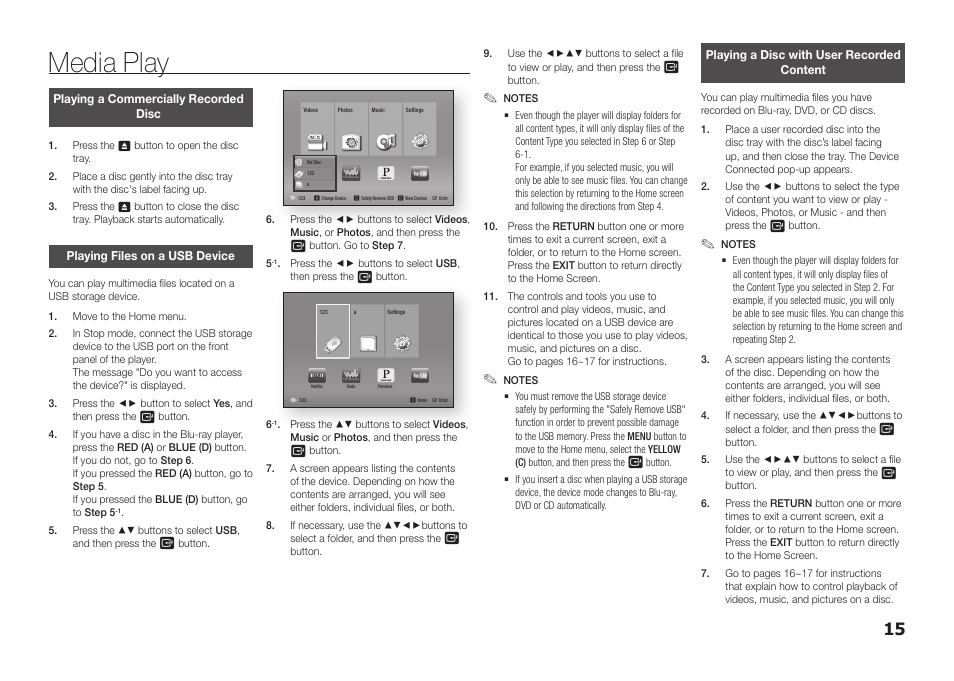 Media play, Playing a commercially recorded disc, Playing files on a usb device | Playing a disc with user recorded content | Samsung BD-FM51-ZA User Manual | Page 15 / 23