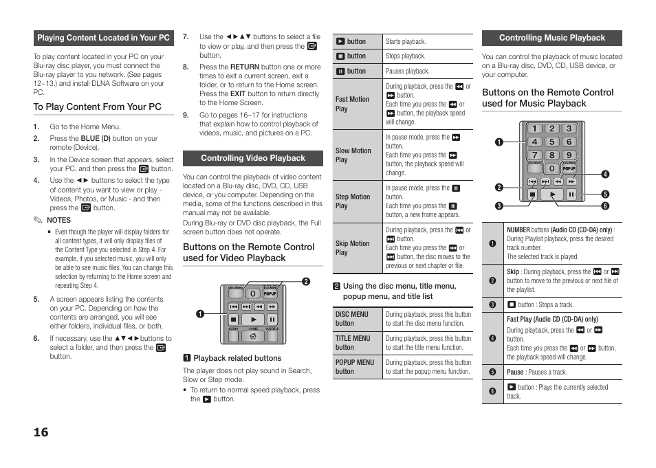 Playing content located in your pc, Controlling video playback, Controlling music playback | Samsung BD-FM51-ZA User Manual | Page 16 / 23