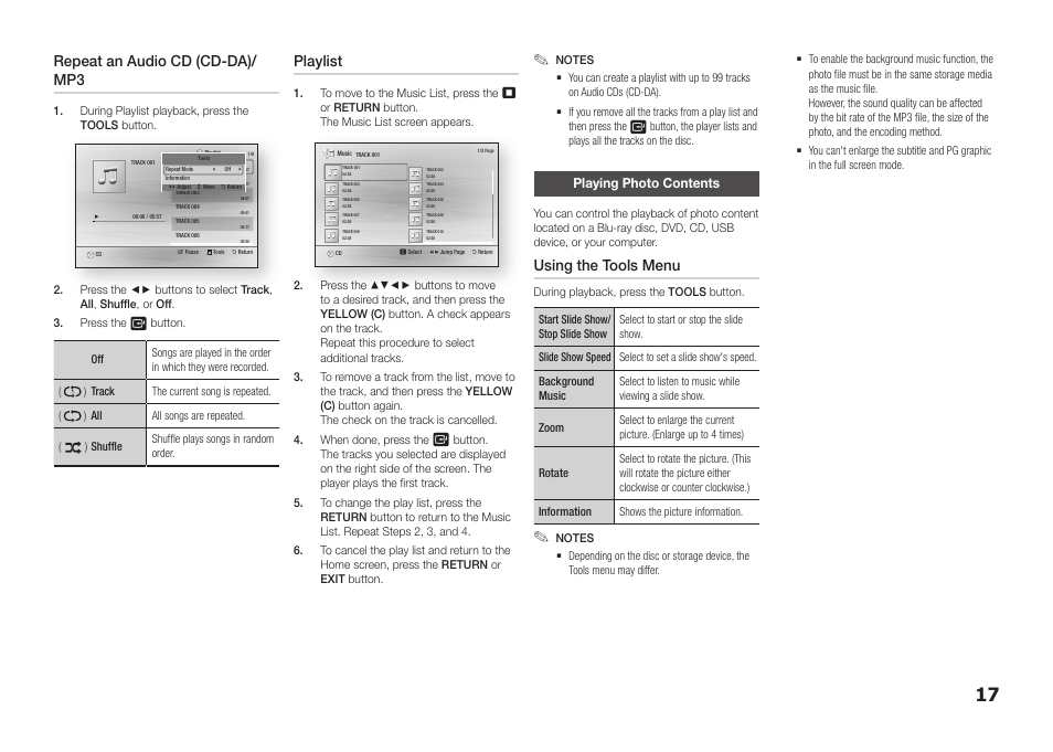 Playing photo contents, Repeat an audio cd (cd-da)/ mp3, Playlist | Using the tools menu | Samsung BD-FM51-ZA User Manual | Page 17 / 23