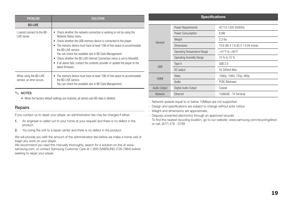 Specifications, Repairs | Samsung BD-FM51-ZA User Manual | Page 19 / 23