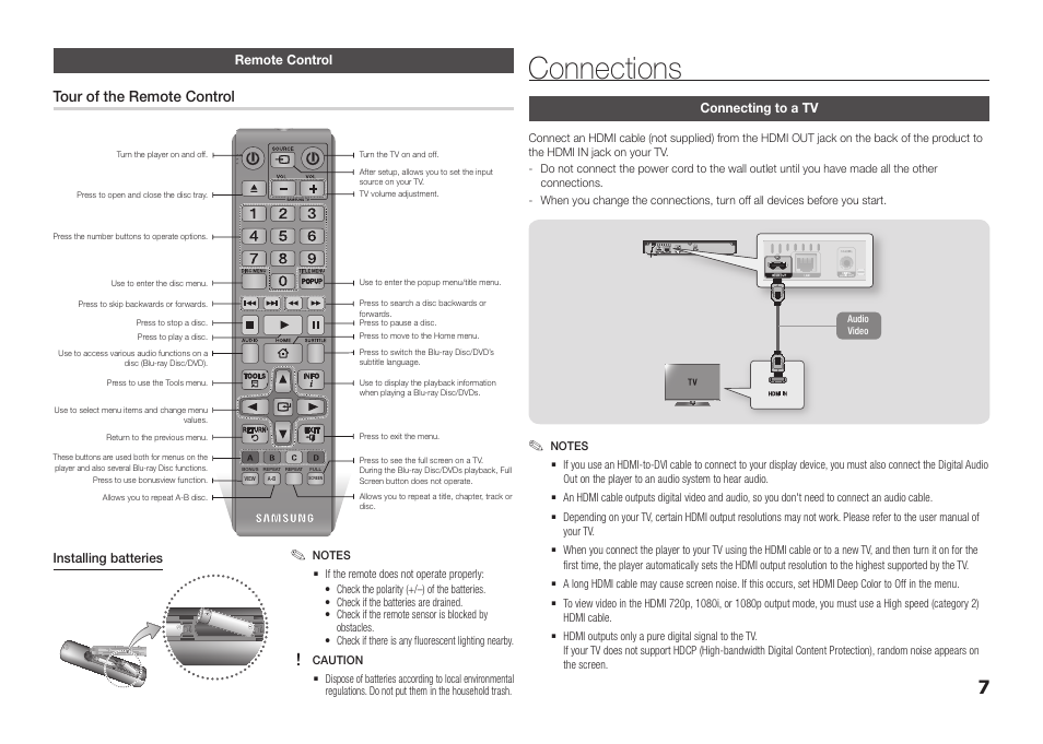 Remote control, Connections, Connecting to a tv | Tour of the remote control | Samsung BD-FM51-ZA User Manual | Page 7 / 23