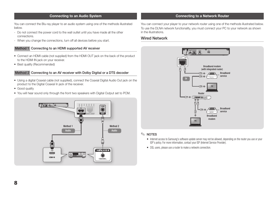 Connecting to an audio system, Connecting to a network router, Wired network | Samsung BD-FM51-ZA User Manual | Page 8 / 23