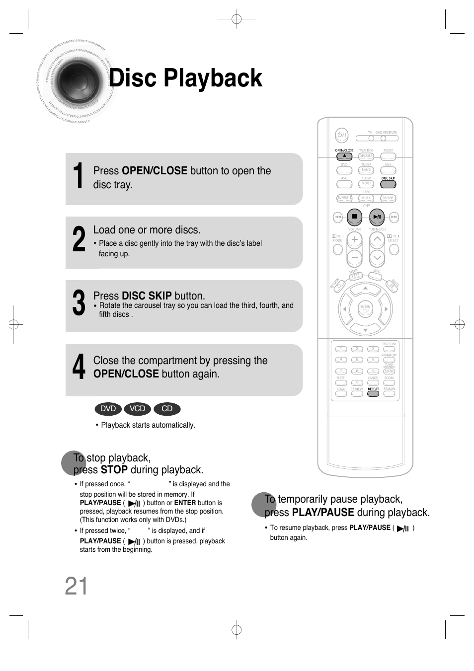 Operation, Disc playback, 21 disc playback | Samsung HTDS650TH-XAC User Manual | Page 22 / 78