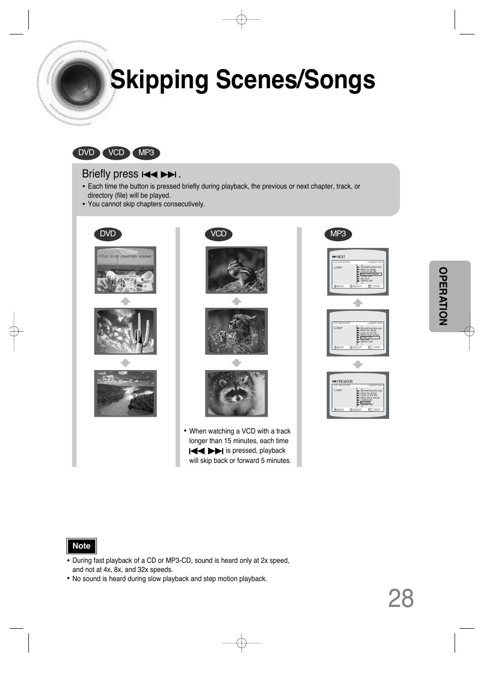 Skipping scenes/songs, Skipping scenes/songs 28, Briefly press | Opera tion, Dvd vcd mp3 | Samsung HTDS650TH-XAC User Manual | Page 29 / 78