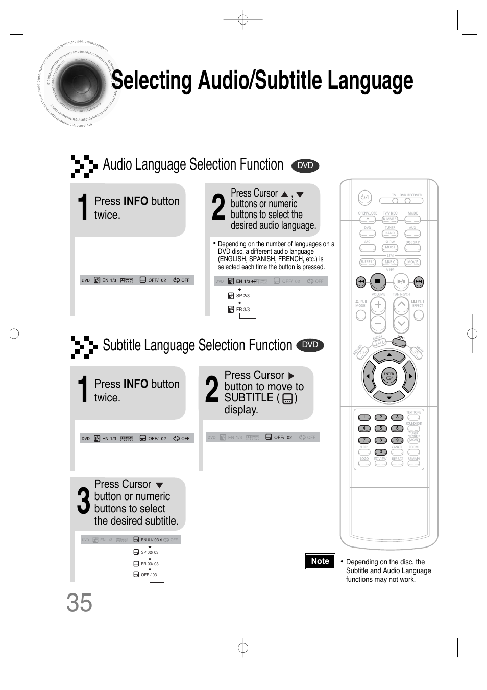 Selecting audio/subtitle language, 35 selecting audio/subtitle language, Audio language selection function | Subtitle language selection function | Samsung HTDS650TH-XAC User Manual | Page 36 / 78