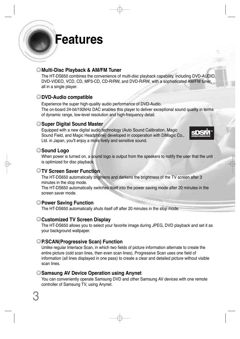 Features, Features 3 | Samsung HTDS650TH-XAC User Manual | Page 4 / 78