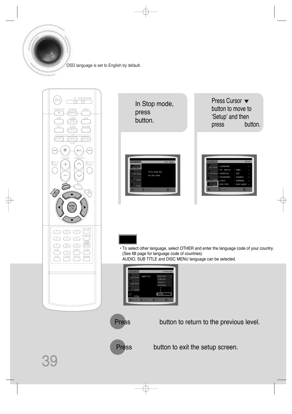 Setup, Setting the language, 39 setting the language | Samsung HTDS650TH-XAC User Manual | Page 40 / 78