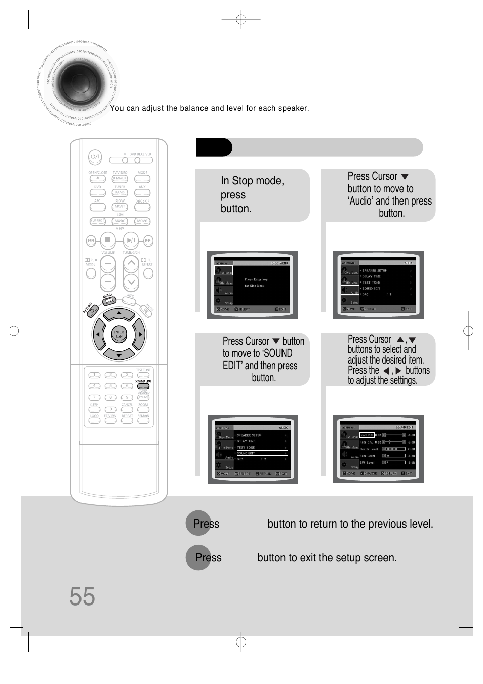 Setting the audio quality, 55 setting the audio quality | Samsung HTDS650TH-XAC User Manual | Page 56 / 78