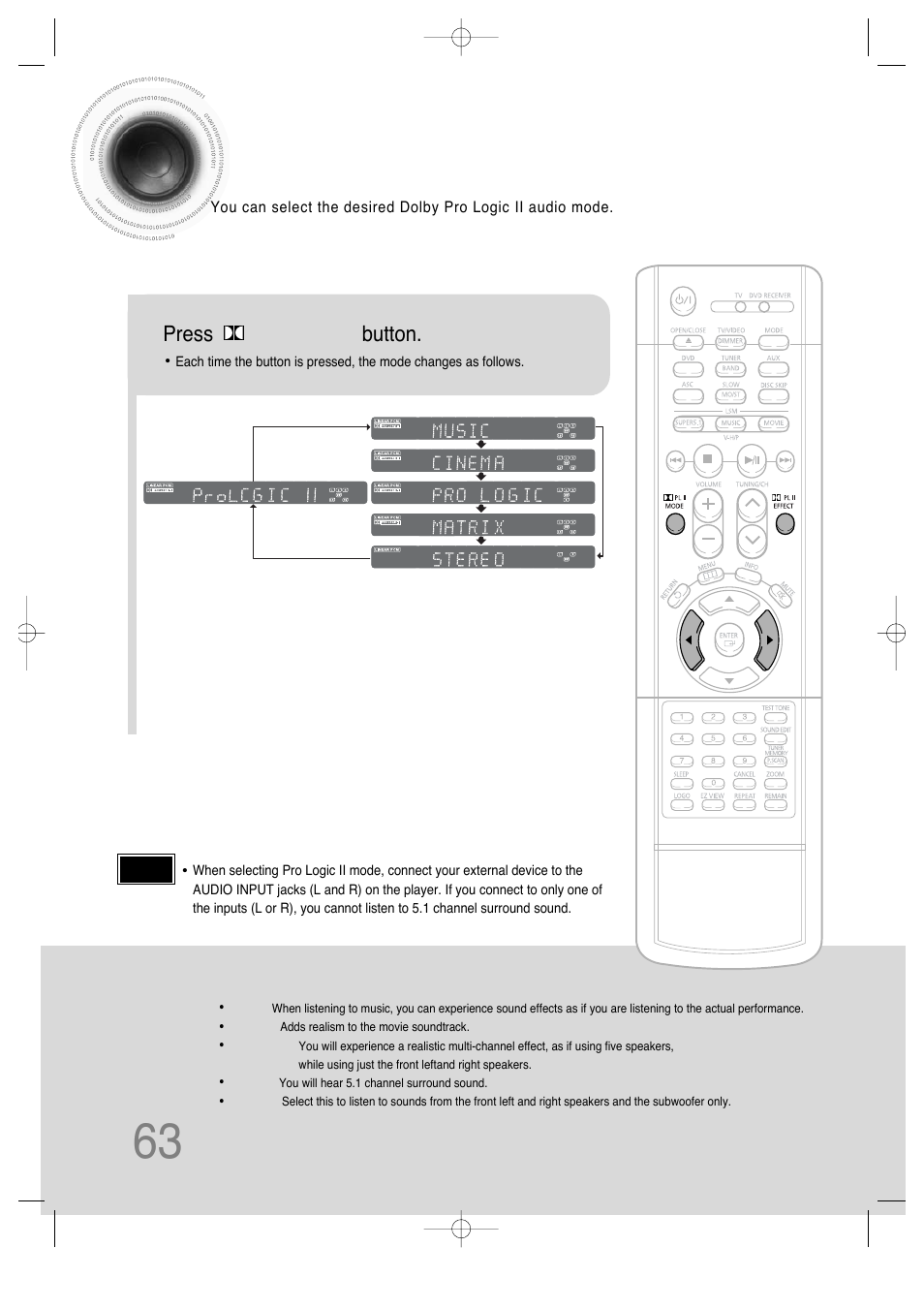 Dolby pro logic ii mode, 63 dolby pro logic ii mode, Press pl ii mode button | Samsung HTDS650TH-XAC User Manual | Page 64 / 78