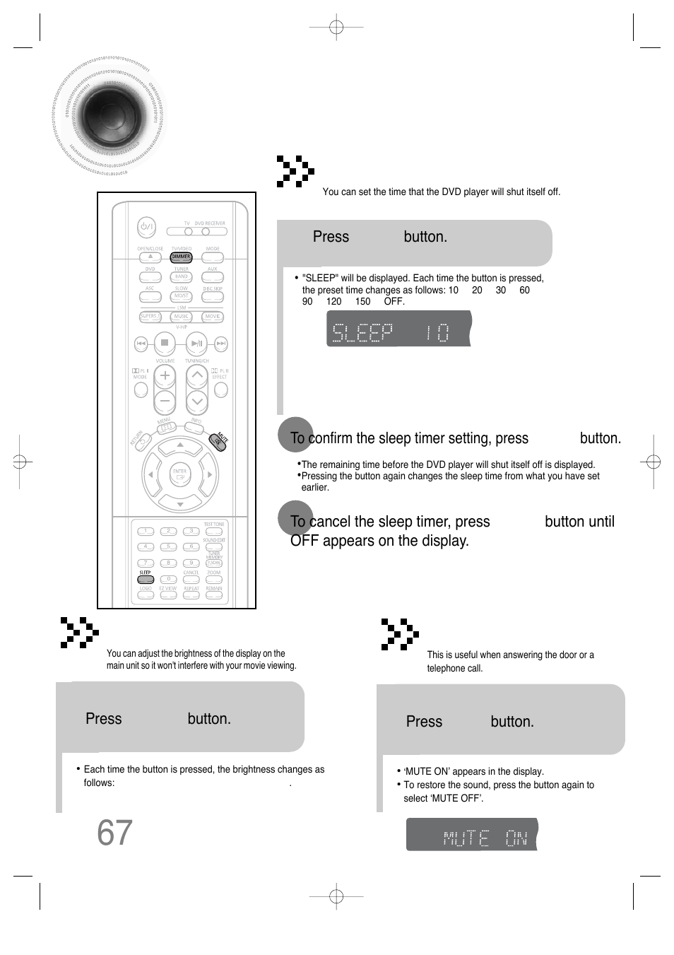 Miscellaneous, Convenient functions, 67 convenient functions | Sleep timer function, Adjusting display brightness, Mute function, Press sleep button, Press mute button | Samsung HTDS650TH-XAC User Manual | Page 68 / 78