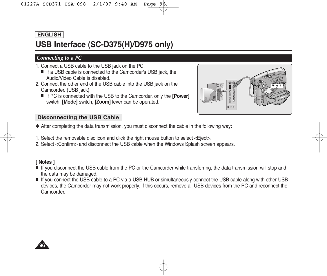 Connecting to a pc, Disconnecting the usb cable | Samsung SC-D372-XAA User Manual | Page 100 / 114