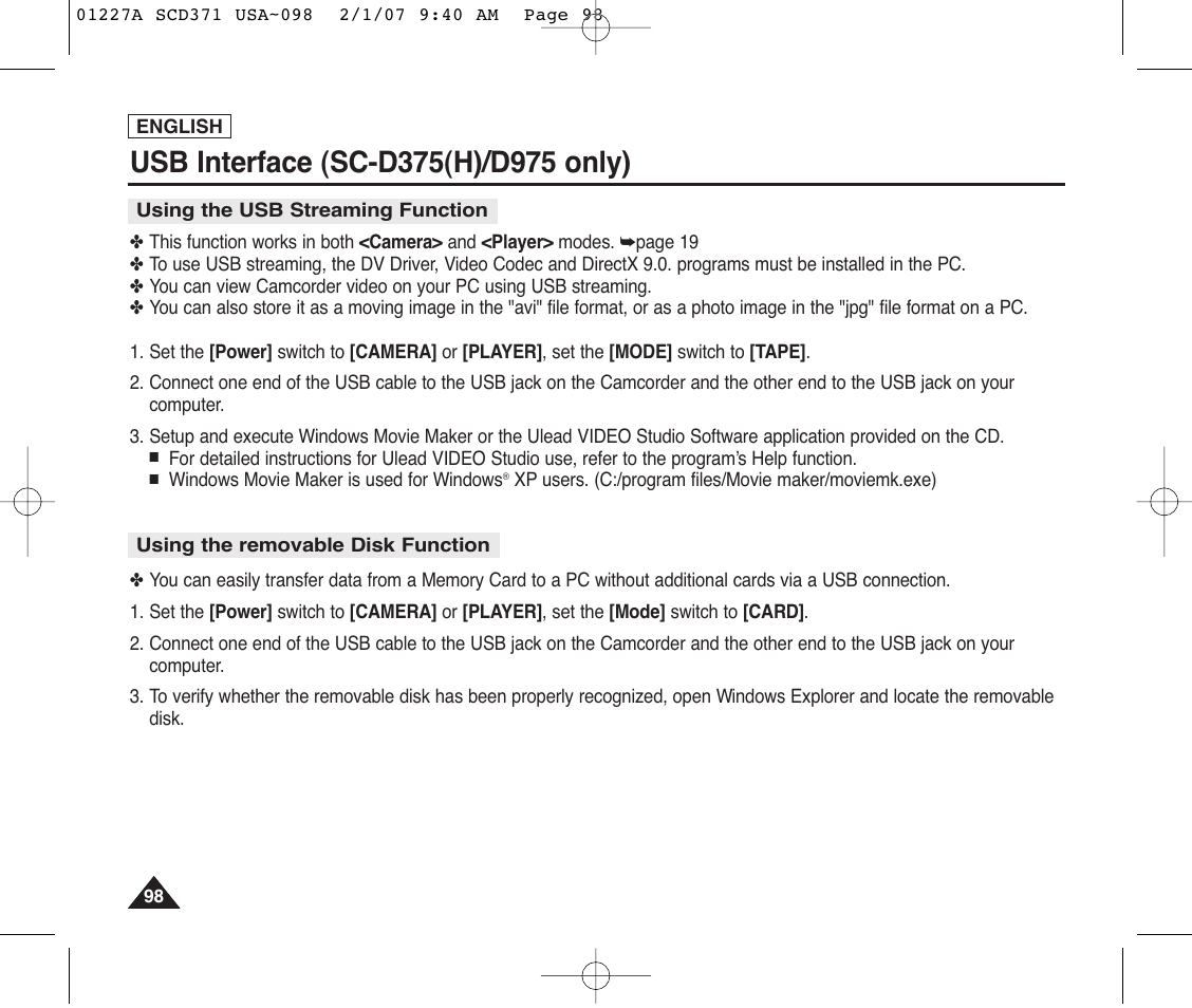 Using the usb streaming function, Using the removable disk function | Samsung SC-D372-XAA User Manual | Page 102 / 114