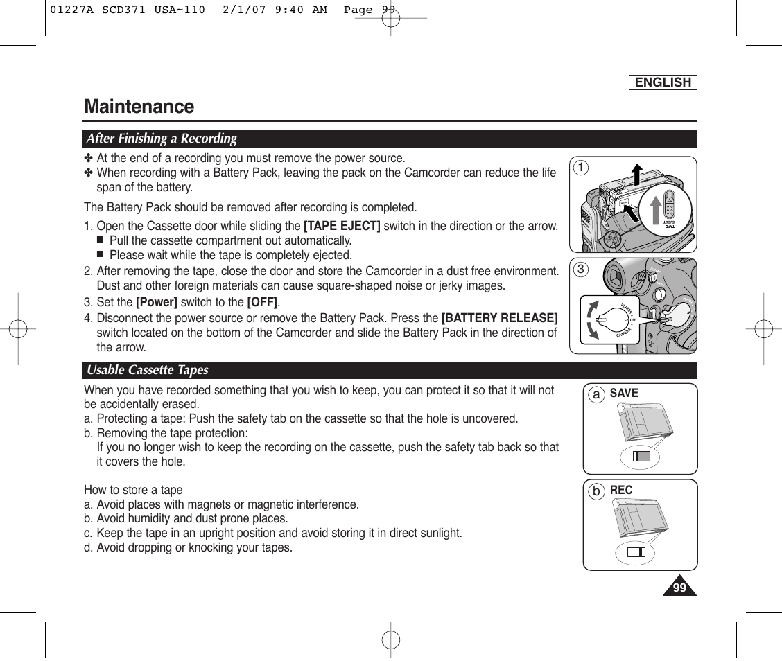 Maintenance, After finishing a recording, Usable cassette tapes | Samsung SC-D372-XAA User Manual | Page 103 / 114