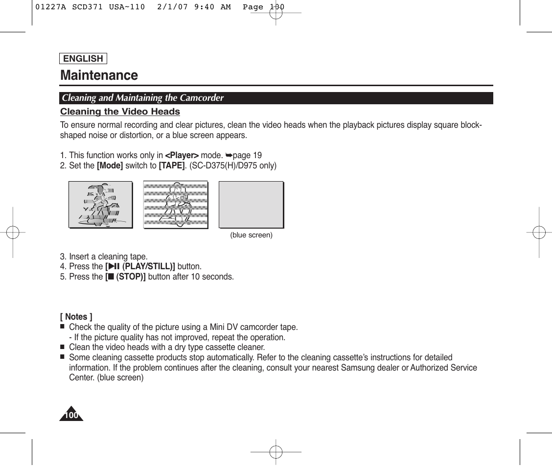 Cleaning and maintaining the camcorder, Maintenance | Samsung SC-D372-XAA User Manual | Page 104 / 114