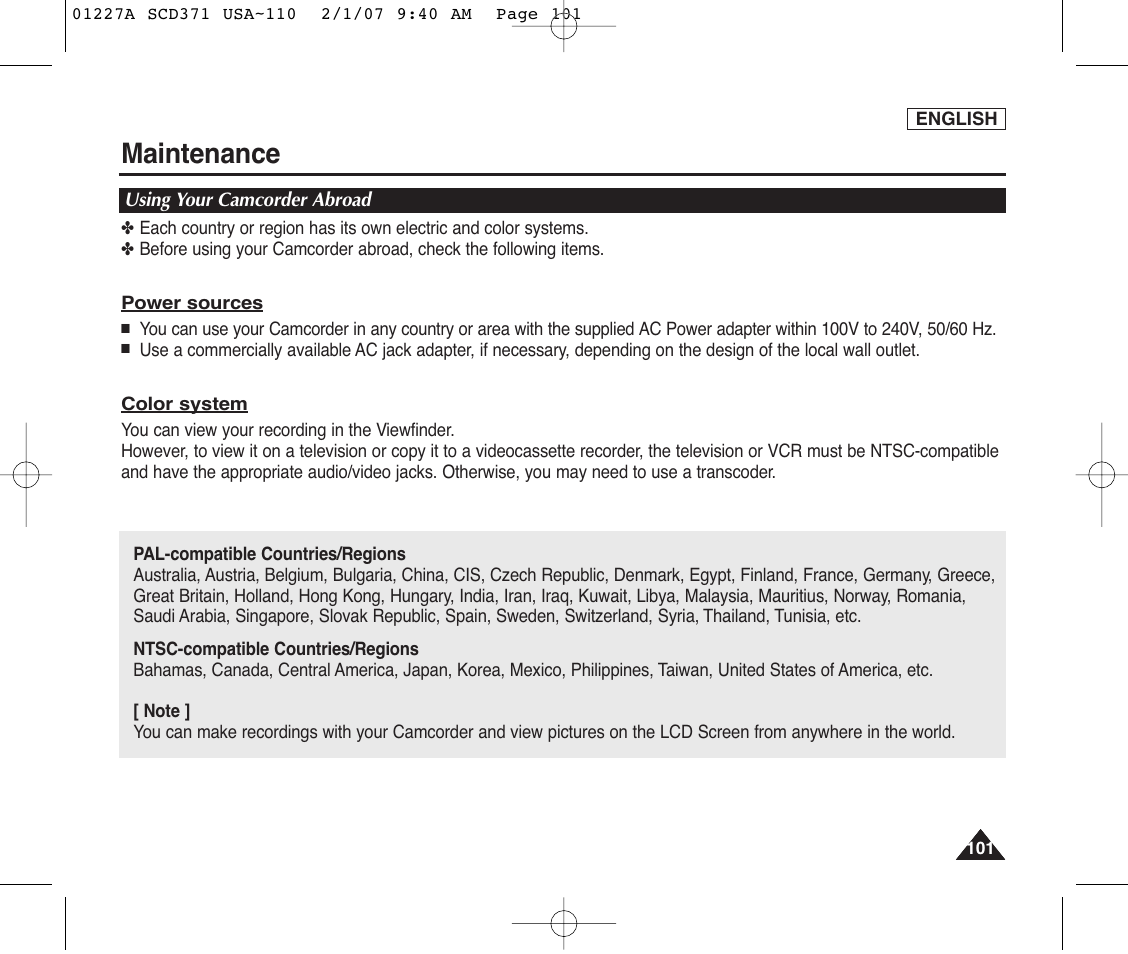 Using your camcorder abroad, Maintenance | Samsung SC-D372-XAA User Manual | Page 105 / 114