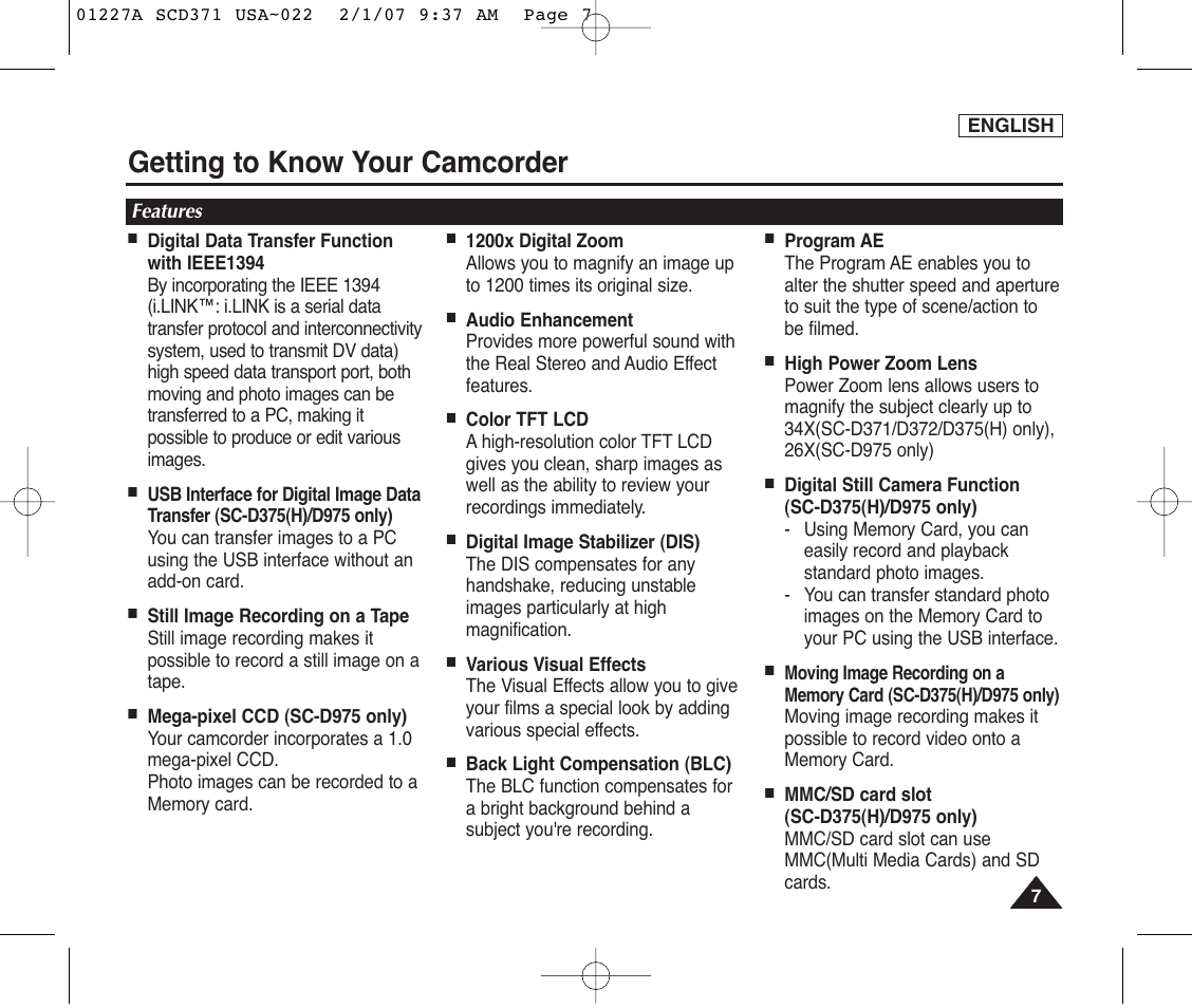 Getting to know your camcorder, Features | Samsung SC-D372-XAA User Manual | Page 11 / 114