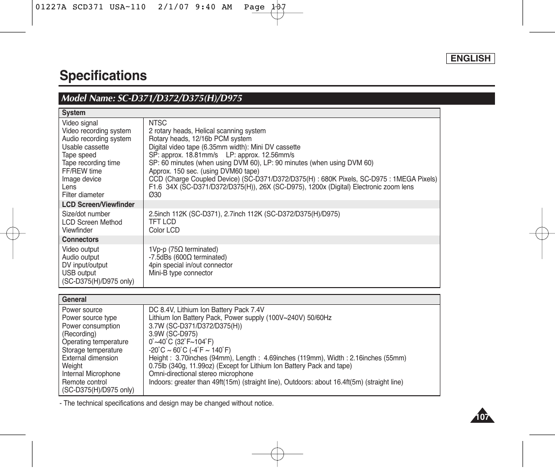 Specifications | Samsung SC-D372-XAA User Manual | Page 111 / 114