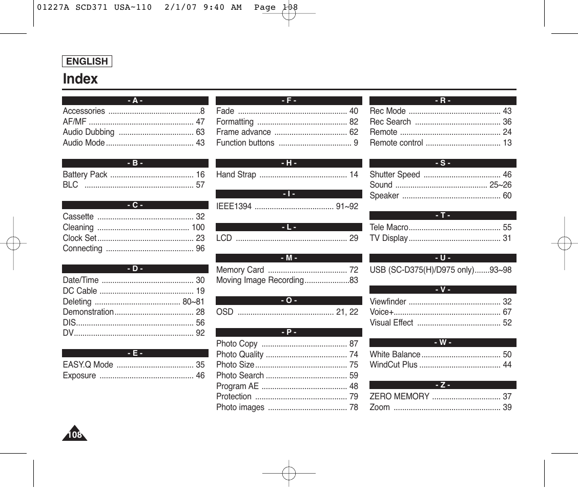 Index | Samsung SC-D372-XAA User Manual | Page 112 / 114