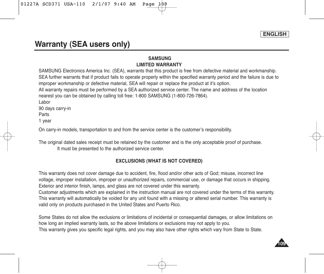 Warranty (sea users only) | Samsung SC-D372-XAA User Manual | Page 113 / 114