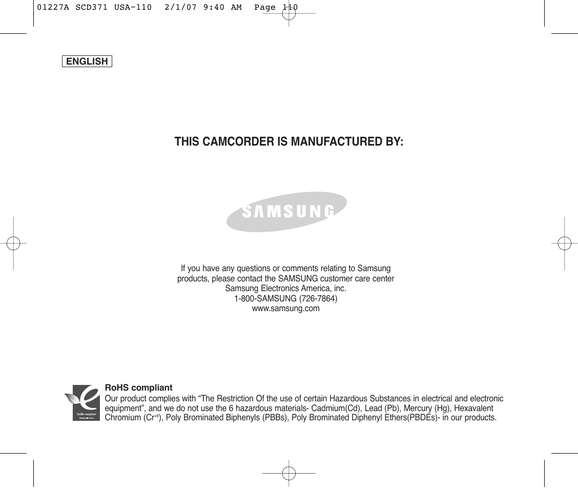 This camcorder is manufactured by | Samsung SC-D372-XAA User Manual | Page 114 / 114