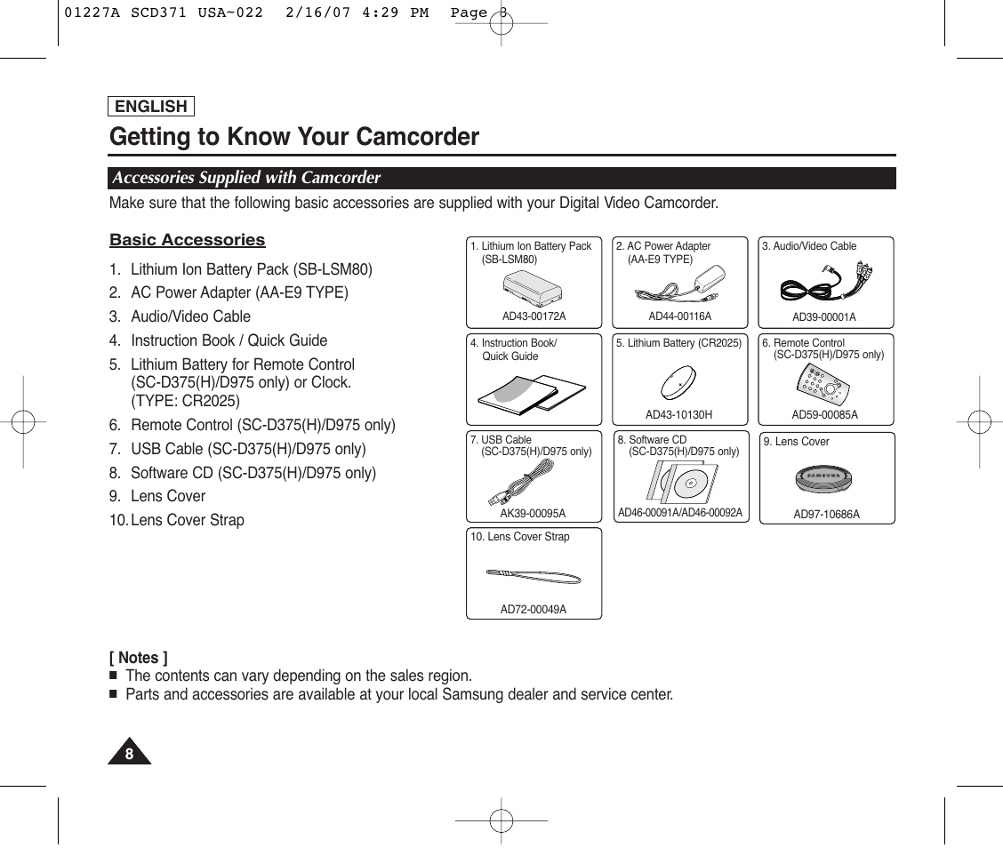 Accessories supplied with camcorder, Getting to know your camcorder | Samsung SC-D372-XAA User Manual | Page 12 / 114