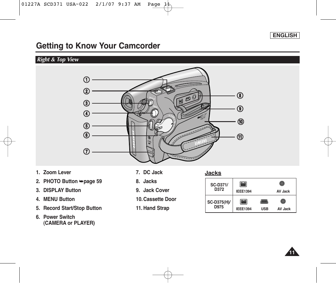 Right & top view, Getting to know your camcorder | Samsung SC-D372-XAA User Manual | Page 15 / 114