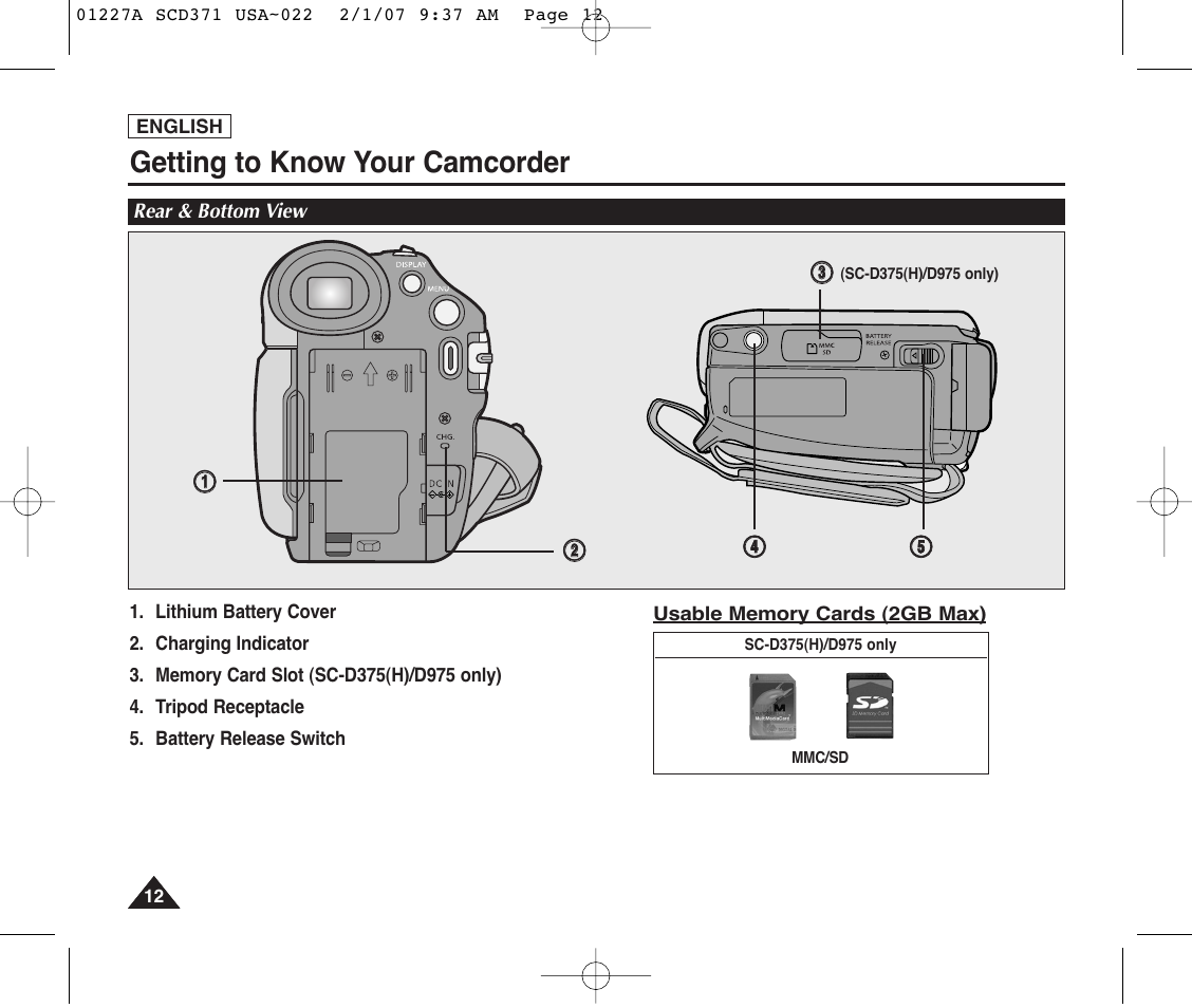 Rear & bottom view, Getting to know your camcorder | Samsung SC-D372-XAA User Manual | Page 16 / 114