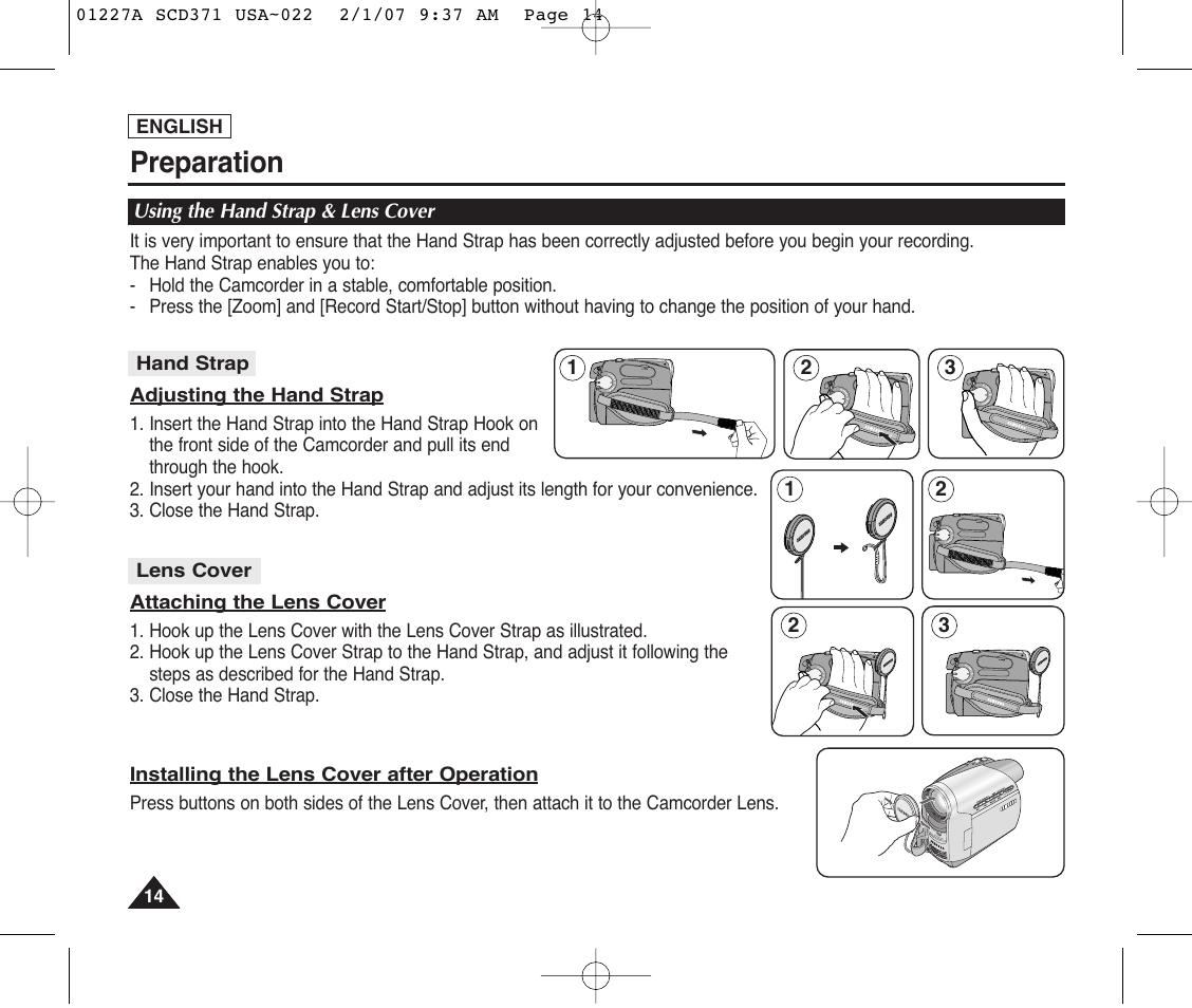 Preparation, Using the hand strap & lens cover | Samsung SC-D372-XAA User Manual | Page 18 / 114