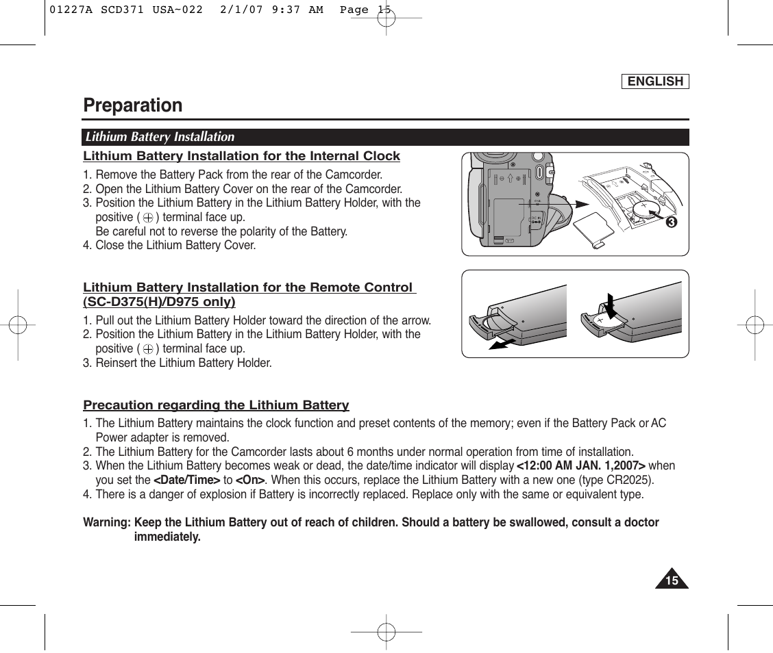 Lithium battery installation, Preparation | Samsung SC-D372-XAA User Manual | Page 19 / 114