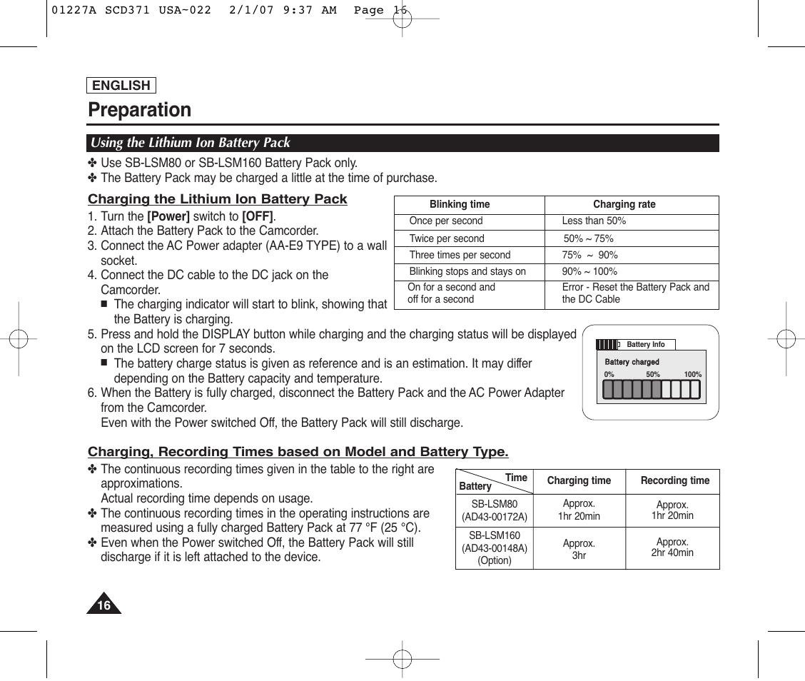 Using the lithium ion battery pack, Preparation | Samsung SC-D372-XAA User Manual | Page 20 / 114