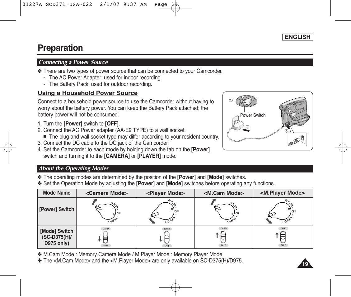 Connecting a power source, About the operating modes, Preparation | Samsung SC-D372-XAA User Manual | Page 23 / 114