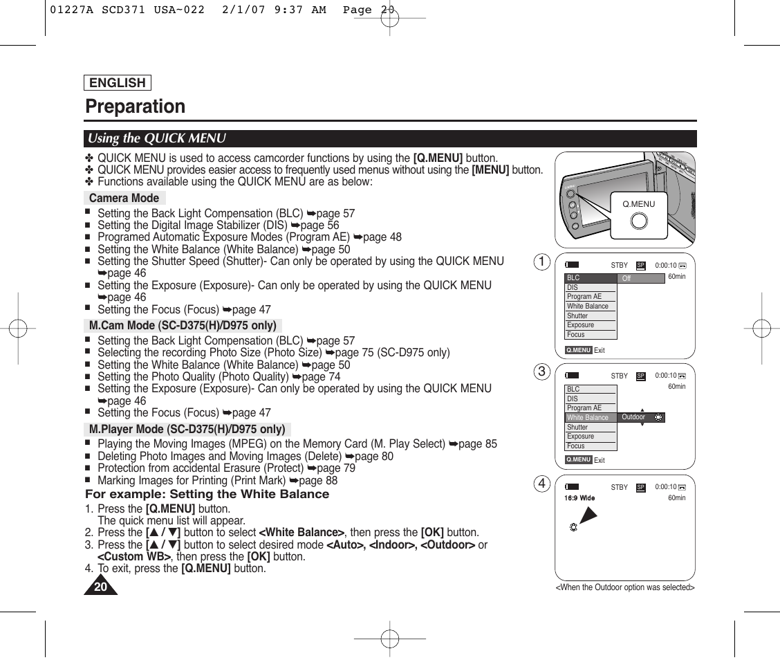 Using the quick menu, Preparation | Samsung SC-D372-XAA User Manual | Page 24 / 114