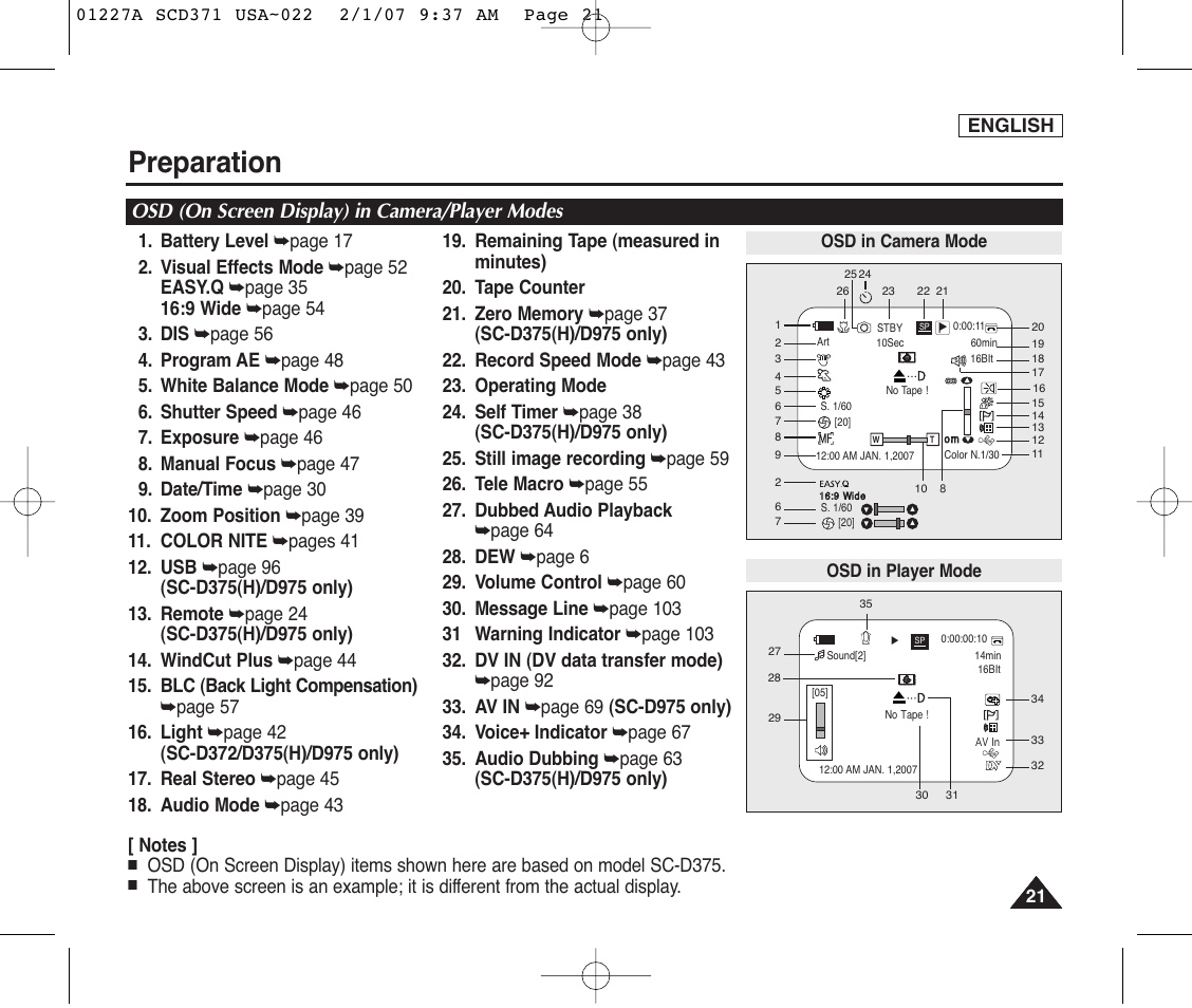 Osd (on screen display) in camera/player modes, Preparation | Samsung SC-D372-XAA User Manual | Page 25 / 114