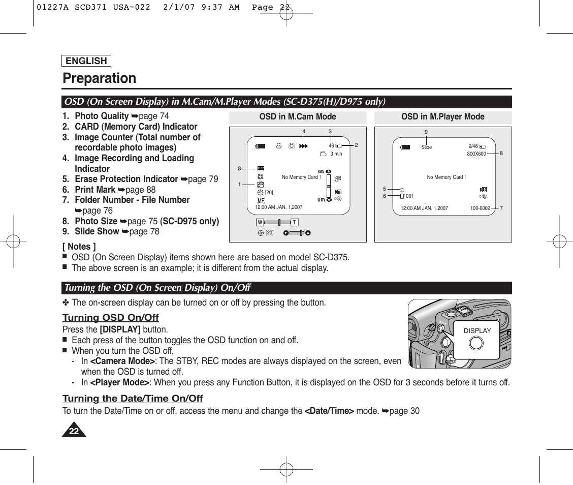 Turning the osd (on screen display) on/off, Preparation | Samsung SC-D372-XAA User Manual | Page 26 / 114