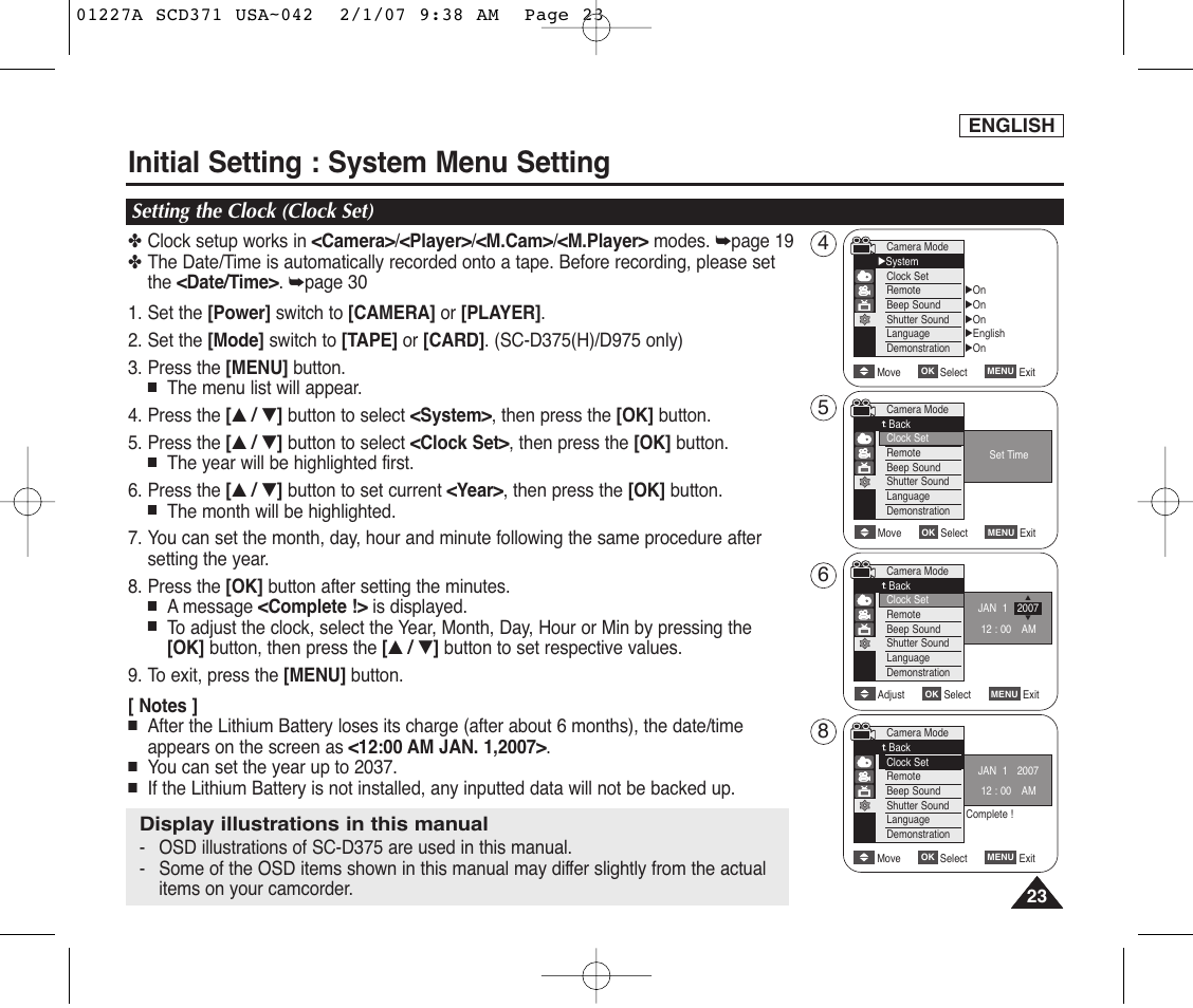 Initial setting :system menu setting, Setting the clock (clock set), Initial setting : system menu setting | Samsung SC-D372-XAA User Manual | Page 27 / 114