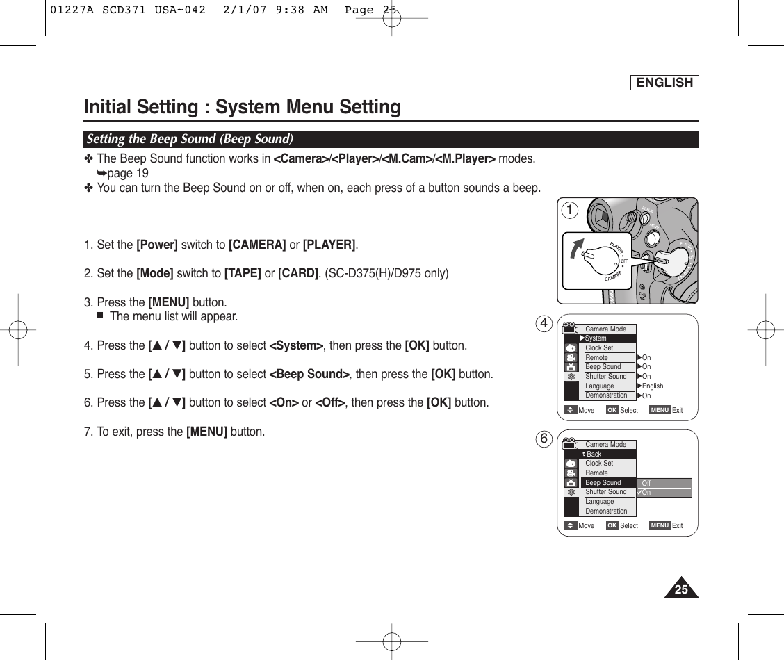 Setting the beep sound (beep sound), Initial setting : system menu setting | Samsung SC-D372-XAA User Manual | Page 29 / 114