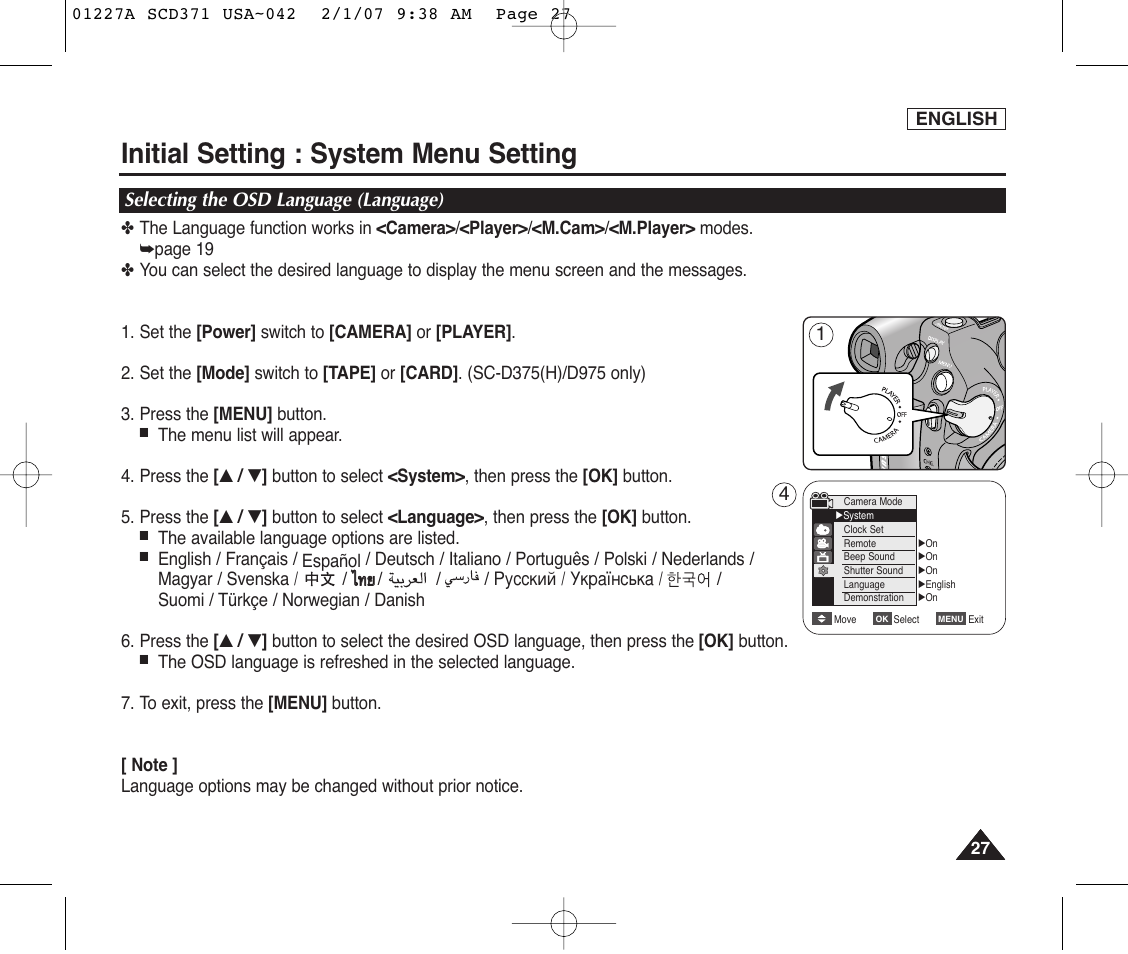 Selecting the osd language (language), Initial setting : system menu setting | Samsung SC-D372-XAA User Manual | Page 31 / 114