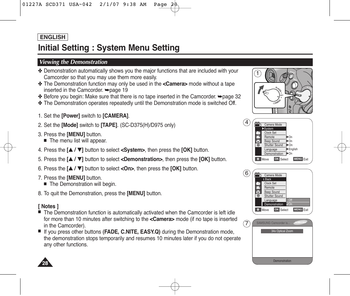 Viewing the demonstration, Initial setting : system menu setting | Samsung SC-D372-XAA User Manual | Page 32 / 114