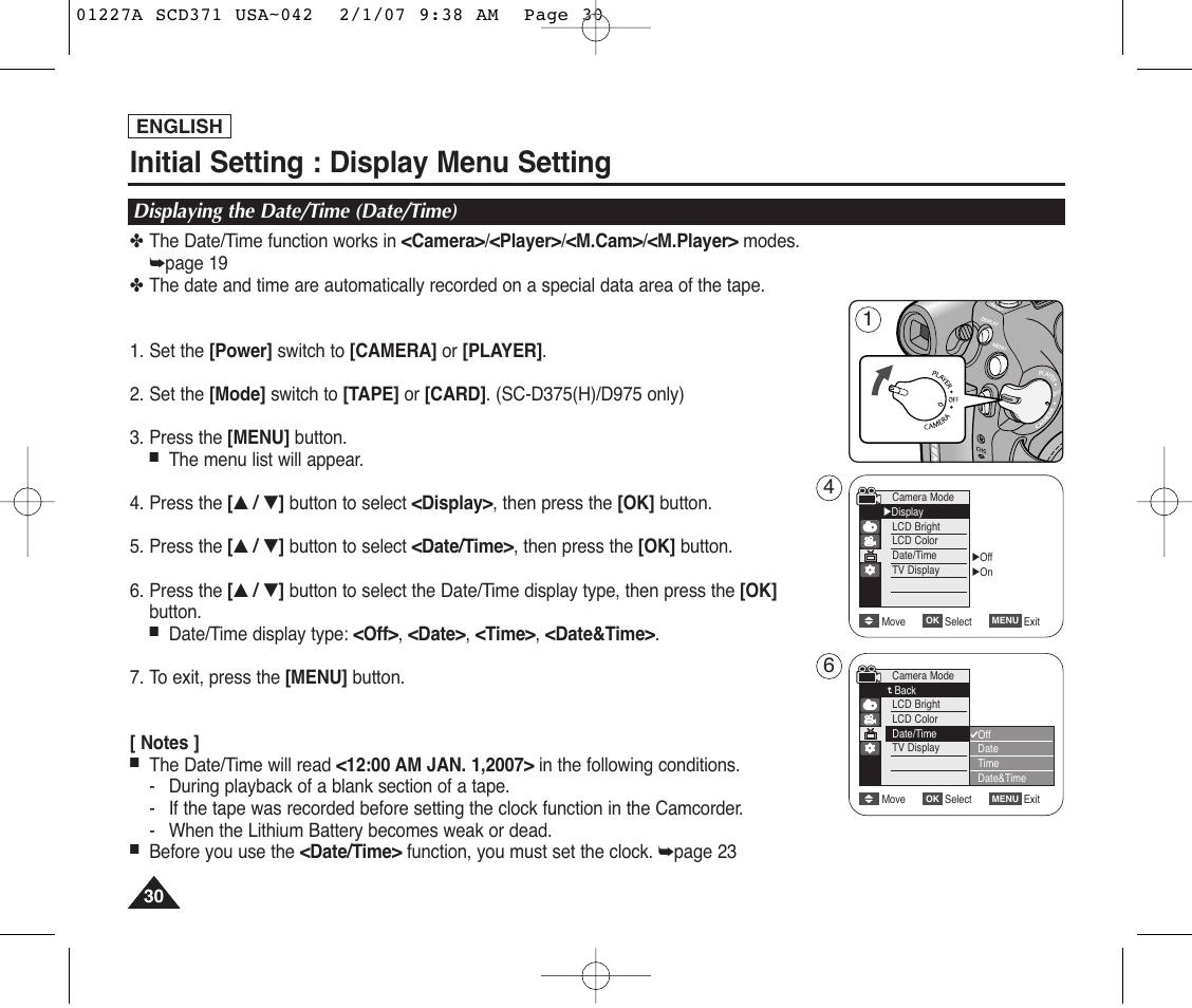 Displaying the date/time (date/time), Initial setting : display menu setting | Samsung SC-D372-XAA User Manual | Page 34 / 114