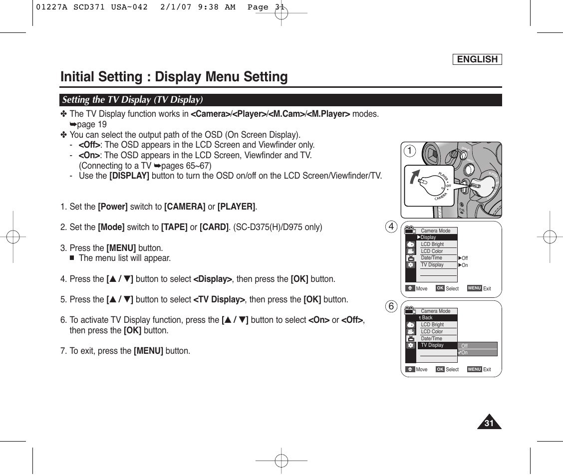 Setting the tv display (tv display), Initial setting : display menu setting | Samsung SC-D372-XAA User Manual | Page 35 / 114