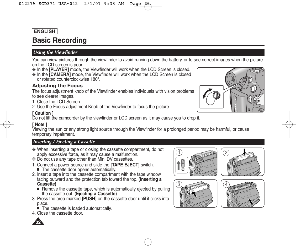 Basic recording, Using the viewfinder, Inserting / ejecting a cassette | Samsung SC-D372-XAA User Manual | Page 36 / 114