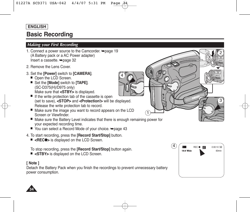 Making your first recording, Basic recording | Samsung SC-D372-XAA User Manual | Page 38 / 114