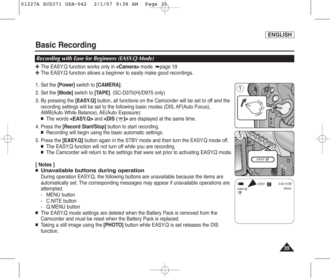 Recording with ease for beginners (easy.q mode), Basic recording | Samsung SC-D372-XAA User Manual | Page 39 / 114